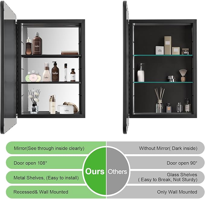 Black Bathroom Medicine Cabinet with Mirror 16 x 24 Metal Frame Recessed Or Wall Mounted Single Door Storage Medicine Cabinet with Adjustable Shelves Rounded Rectangle Beveled Mirror