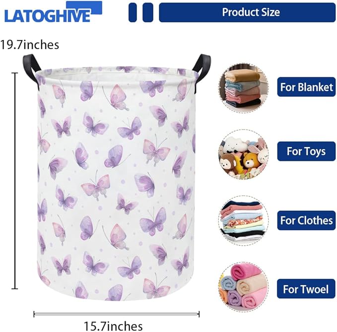 Baby Laundry Hamper kids laundry Basket Waterproof Storage Bin for Bedroom Toy Clothes Organizer Basket Woodland Animals Room D??cor(Purple Butterfly)