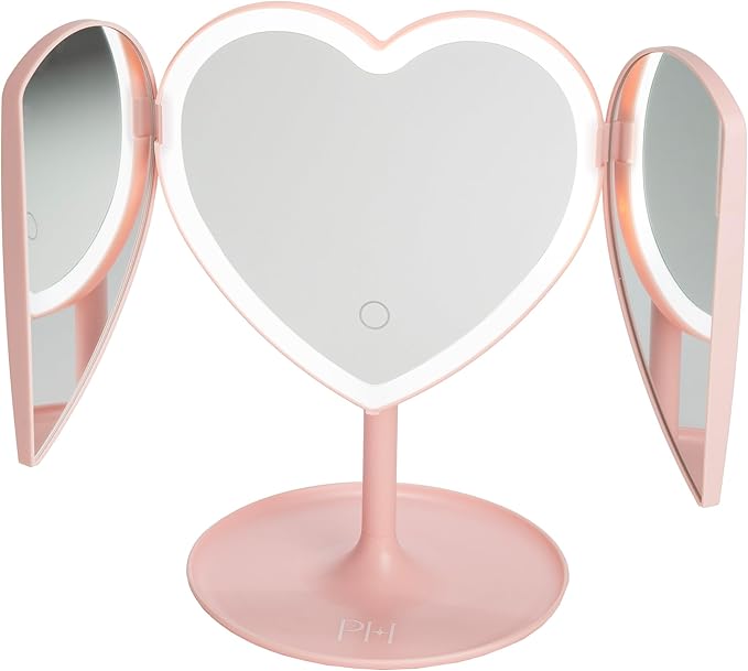 Paris Hilton Heart Makeup Vanity Mirror, LED Light with Touch Control, 180° Rotation, Tri-Fold Design, Tray Stand for Accessories, Pink