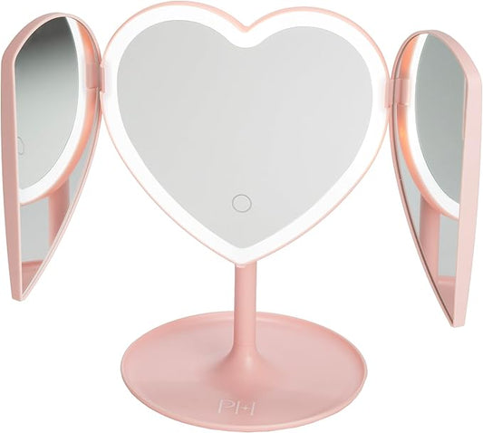 Paris Hilton Heart Makeup Vanity Mirror, LED Light with Touch Control, 180° Rotation, Tri-Fold Design, Tray Stand for Accessories, Pink