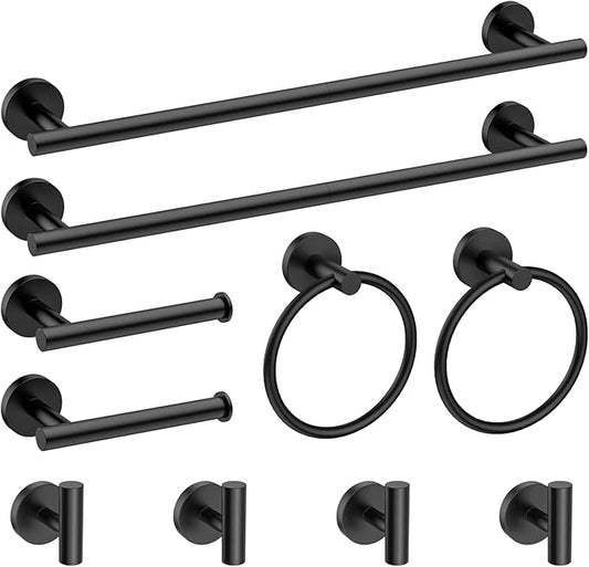 Newfun 10-Pieces Bathroom Hardware Set, Includes 24 Inch Towel Racks for Bathroom Wall Mounted, Toilet Paper Holder, Towel Hooks for Bathrooms, Towel Rings for Bathroom Wall (Matte Black)