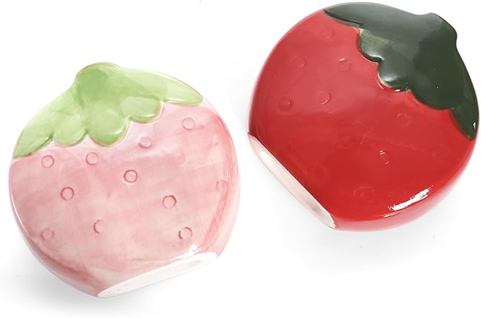 Okllen Set of 2 Ceramic Cute Makeup Brush Holders, Kawaii Strawberry Pen Holder Pink&Red for Desk, Cute Office Home Vanity Decor, Gift for Women Girls