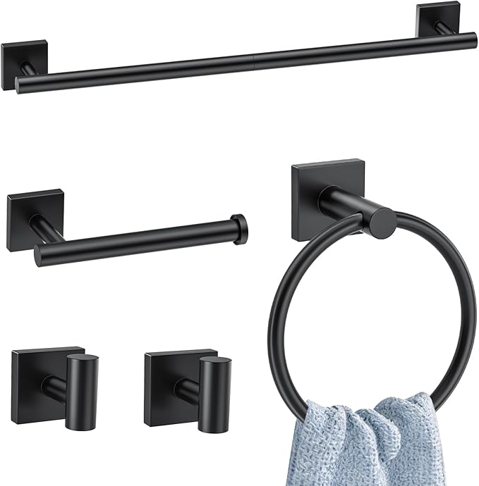 5 Pieces Bathroom Hardware Accessories Set Matte Black Towel Bar Set Stainless Steel Wall-Mounted Towel Holder 23.6 Inch Towel Racks for Bathroom