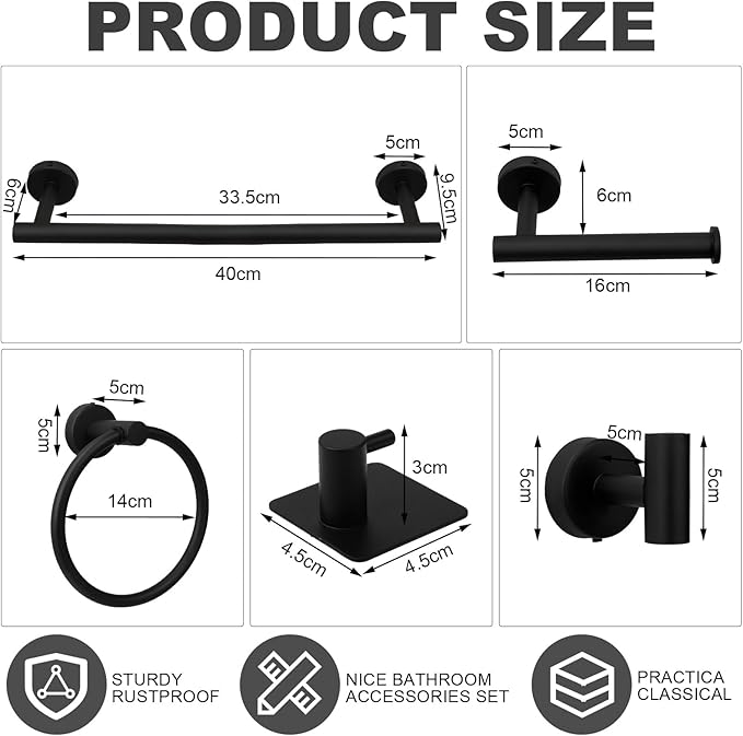 Blulu 28 Pcs Bathroom Hardware Set Stainless Steel Bathroom Accessories Set, Including 16'' Bath Towel Bar, Towel Rings, Robe Hooks, Toilet Paper Holders, Wall Mounted (Matte Black)