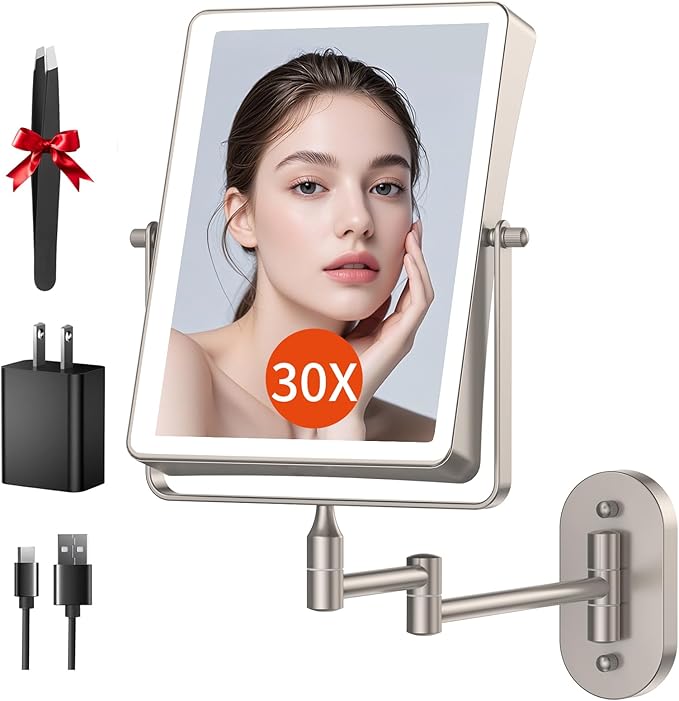 FUNTOUCH 5000mAh Rechargeable Wall Mounted Makeup Mirror with Lights, 8.7" Double Sided 1X/30X Magnifying Mirror with Dimmable 3 Color Light, Extended Swing Arm 360° Wall Mount Bathroom Vanity Mirror