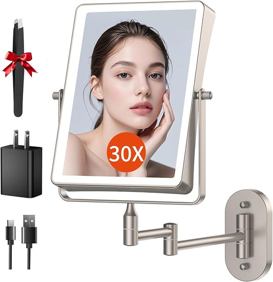 FUNTOUCH 5000mAh Rechargeable Wall Mounted Makeup Mirror with Lights, 8.7" Double Sided 1X/30X Magnifying Mirror with Dimmable 3 Color Light, Extended Swing Arm 360° Wall Mount Bathroom Vanity Mirror