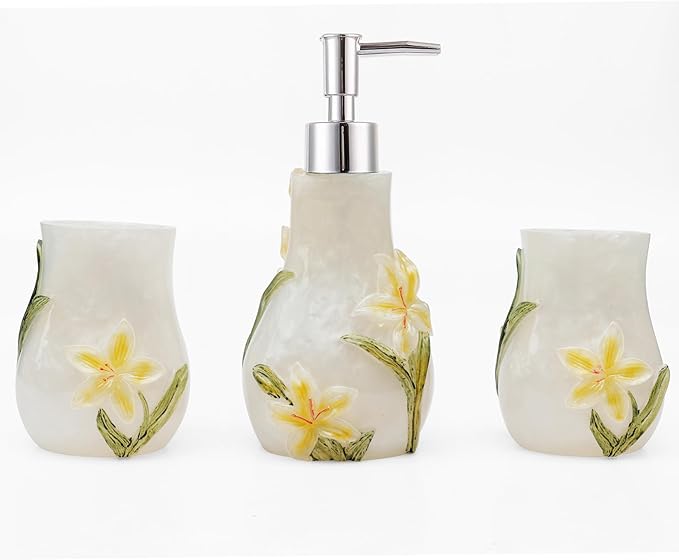 Decorative Bathroom Accessory Vanity Set Including Tumblers, Soap Dish, Shampoo and Body Wash Liquid Soap Dispenser and Toothbrush Holder, Gift for Girl with Butterfly Pattern