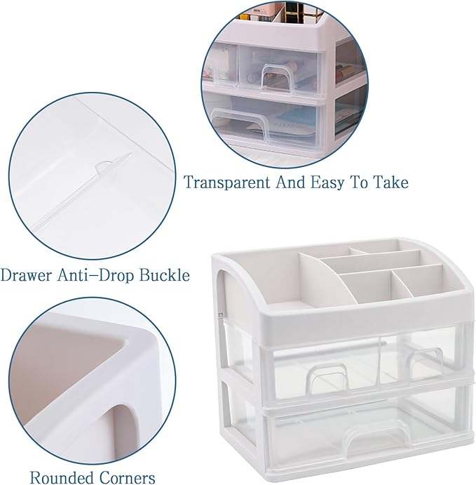 Cosmetic Storage Box Cosmetic Display Cabinet Bathroom Dressing Table Organizer with 3 Drawers and 1 Tray Makeup Organizers for Counter (White)
