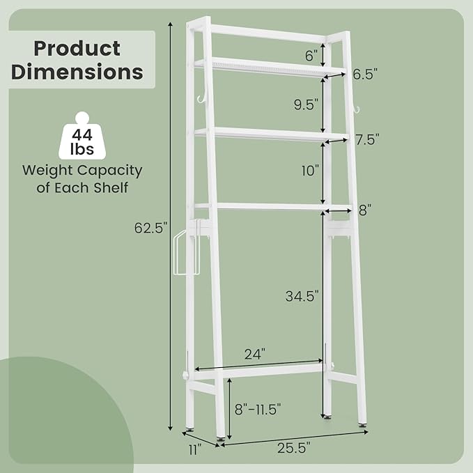 Nightcore Over-The-Toilet Storage, 3-Tier Freestanding Bathroom Organizer Shelf w/ 2 Hanging Hooks & Toilet Paper Holder, Multifunctional Metal Toilet Storage Rack for Bathroom Laundry (White)