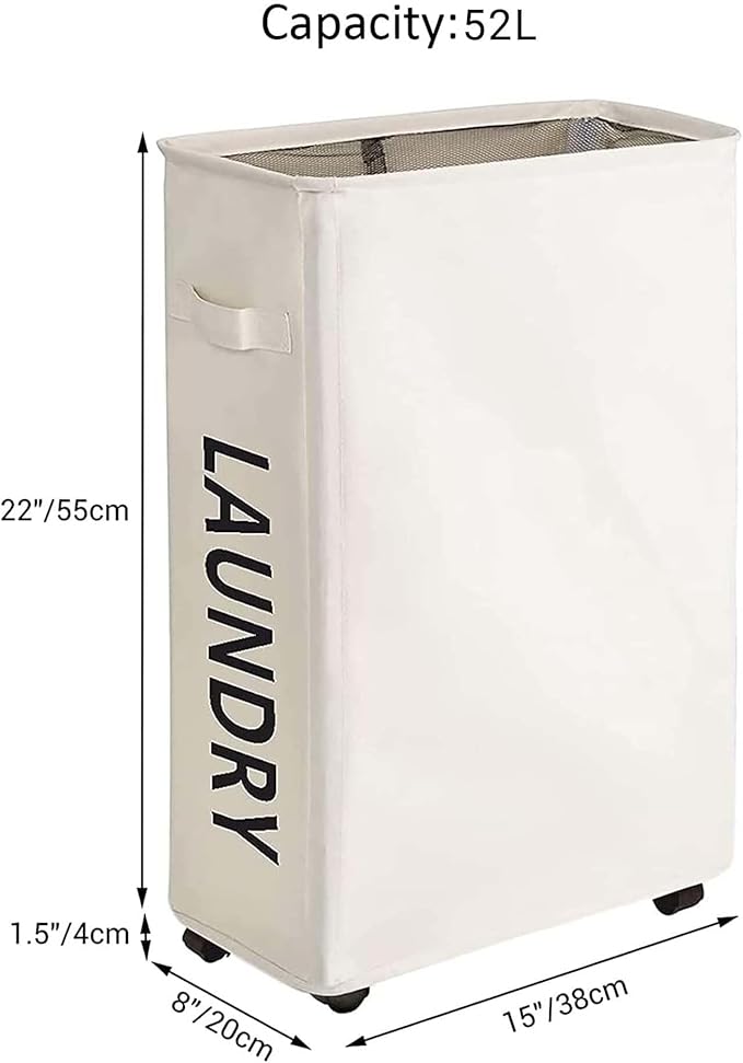 ZERO JET LAG 52L Large Slim Rolling On Wheels Laundry Hamper Tall Dirty Clothes Storage Basket Standable Corner Handy Bin Hamper Basket 15×8×22" (22 Inches, Printed Beige)