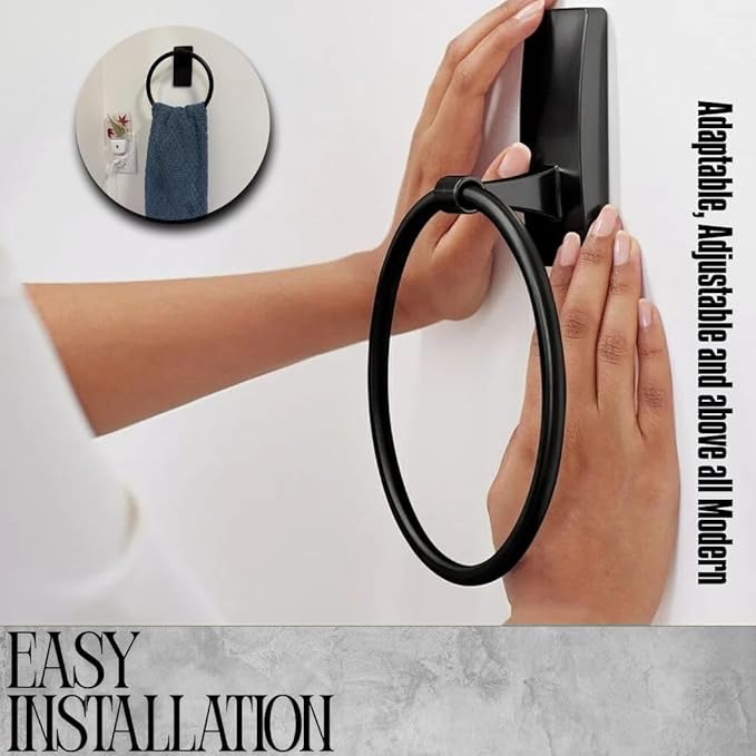 Matte Black Adhesive Towel Ring, No Drill Bathroom Towel Holder, Wall Mounted, Free Adhesive Included