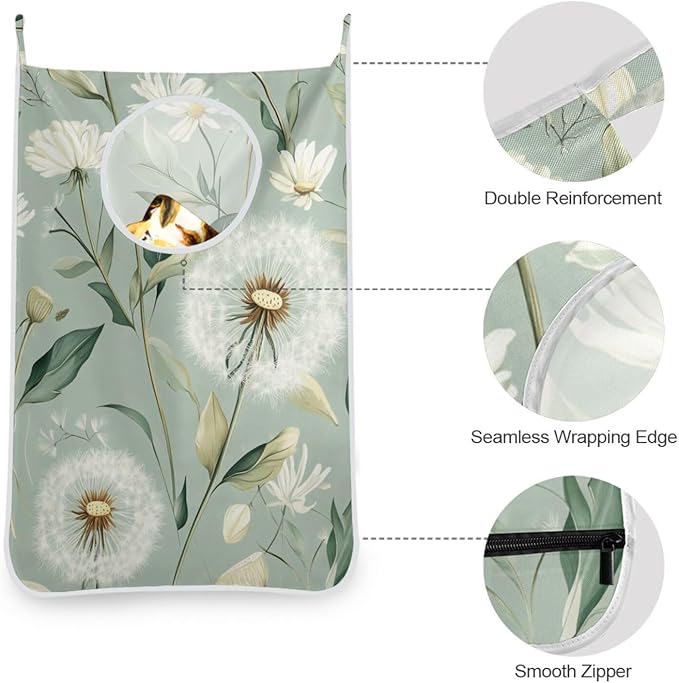 Sage Green Dandelions Door Hanging Laundry Hamper Bag with Free Adjustable Stainless Steel Hooks Dirty Clothes Hamper Extra Large Over the Door Laundry Hamper 29.5X20inch 2PACK