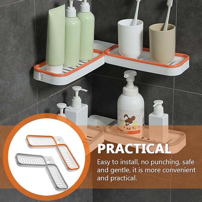 Wall-Mounted Foldable Corner Storage Rack 2pcs Punch-Free Bathroom Shelf Organizer with Drainage for Home, White Orange and White Gray