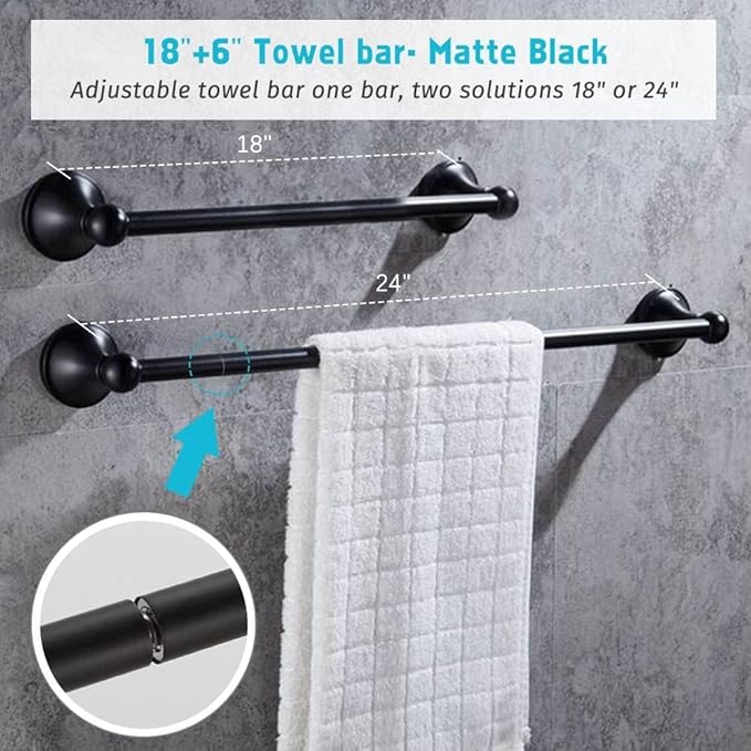 8 Piece Bathroom Accessory Set(Adjustable Towel Bar, Towel Ring, Toilet Paper Holder,Towel Hook), Wall Mounted Bathroom Hardware Accessories Set,Matte Black