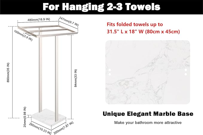 Livabber Standing Towel Rack, 304 Stainless Steel 2 Tier Towel Holder Stand with Heavy Marble Base, Stylish Floor Towels Bar for Bathroom Accessories, Laundry Room, Pool (Brushed Nickel)