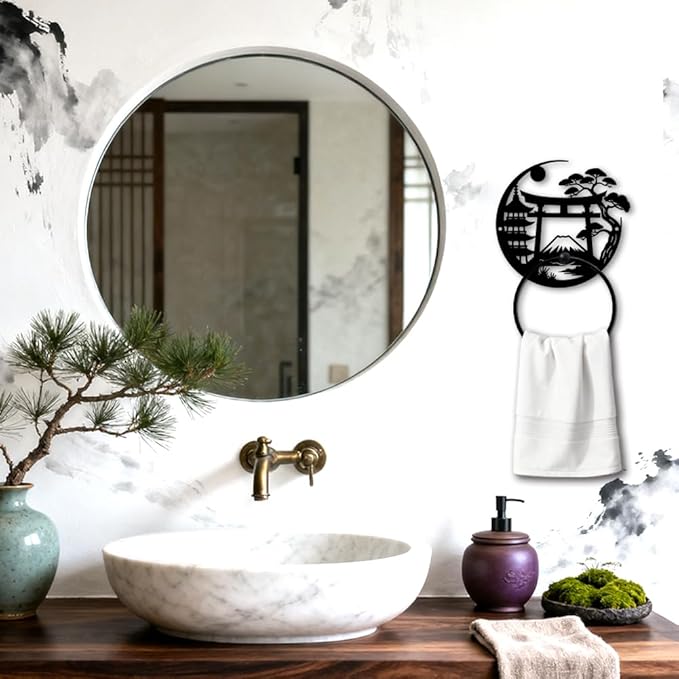 MAYJOYDIY Japanese Metal Towel Ring Round Fujisan Scenery Hand Towel Holder Torii Gate Ring Hanger Wall Mount Black Vintage Towels Wall Organizer for Kitchen Bath Home Laundry Room Decors Gifts