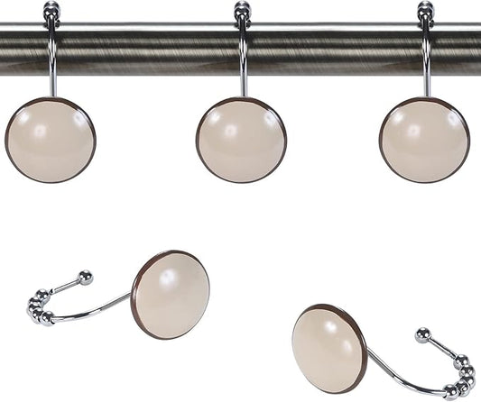 Lucca Taupe Decorative Brown Shower Curtain Hooks,5 Roller Ring Balls Khaki Round Designed Hooks for Bathroom Curtains,Set of 12