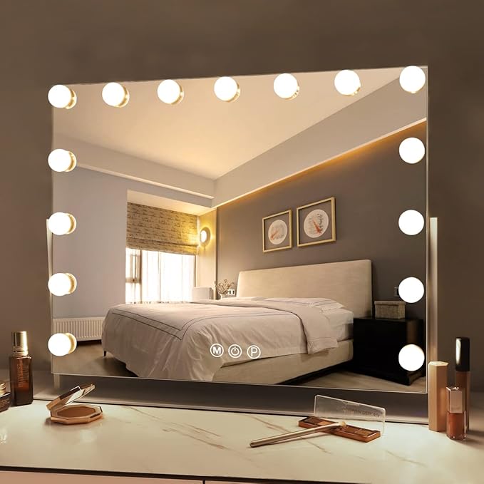 FENCHILIN Vanity Mirror with Lights, White Hollywood Lighted Makeup Mirror with 15 Dimmable LED Bulbs Rotation for Dressing Room & Bedroom, Living Room