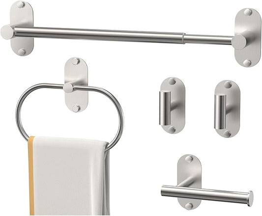 5-Piece Bathroom Hardware Accessories Set, Self-Adhesive & Wall Mounted SUS304 Stainless Steel Towel Bar Set, Adjustable Towel Bar, Towel Ring, Toilet Paper Holder & 2 Hooks(Brushed Nickel)