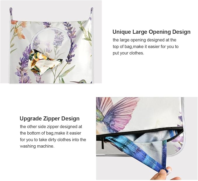 Hanging Laundry Hamper Over the Door with Stainless Steel Hooks Rack Dirty Clothes Wall Mounted Hamper Basket Bag 29.5X20inch Lavender Hummingbird