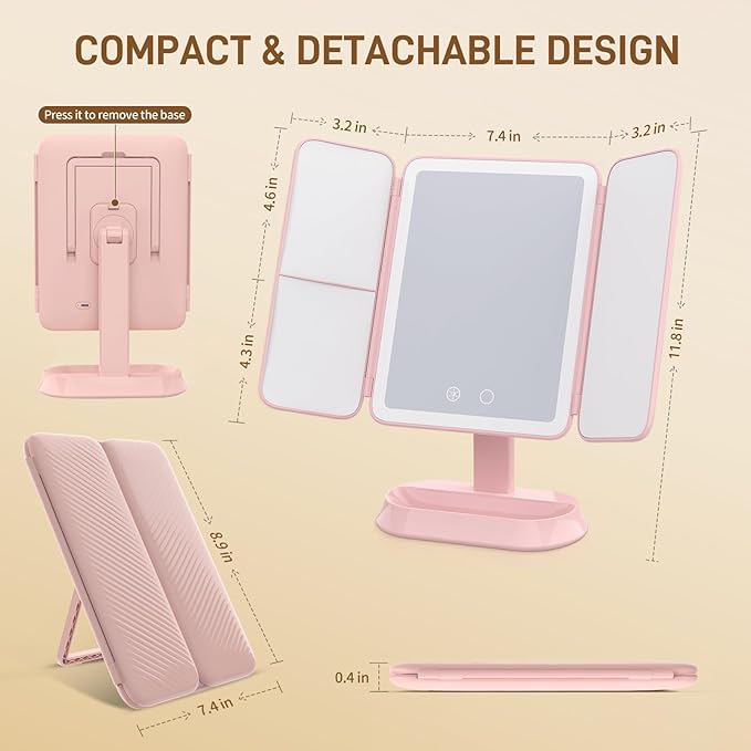 FRANO Rechargeable Trifold Makeup Mirror with Lights, 1X/3X/5X Magnification, Cordless 3-Color LED Vanity Mirror for Travel & Desk, Up to 20H Use, Ideal Gift for Women & Teens - Pink