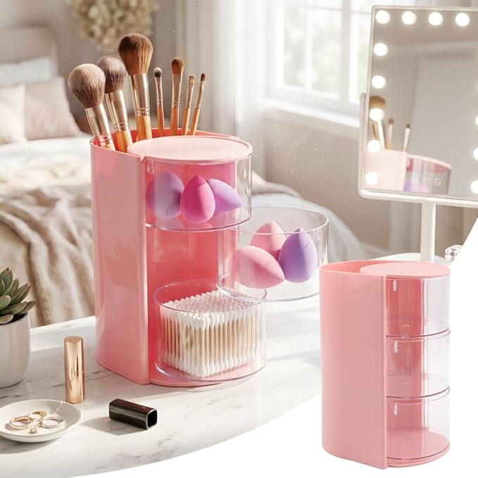 Hair Accessory Organizer, Rotatable Makeup Brush Holder for Necklaces, Hair Tie Organizer Jewelry Storage Box for Hairs Clips, Earrings, Necklaces, Bracelets, Rings(COLOR:pink)