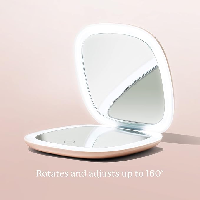 Vanity Planet Pocket Makeup Mirror with Lights & Magnification, Moda - Mini Light-Up Compact & Travel Makeup Mirror - Portable, Adjustable & Rechargeable LED Magnifying Mirror for On-The-Go - Nude
