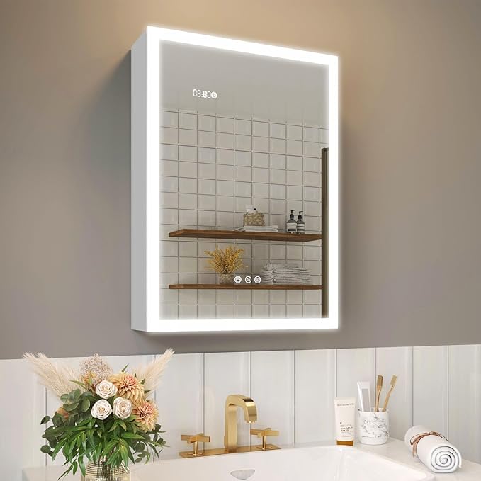 20×28 Inch Bathroom Medicine Cabinet with Lights, LED Medicine Cabinet with Mirror, Lighted Bathroom Mirror Cabinet with Storage, Digital Clock & Temp Display, Surface Mount
