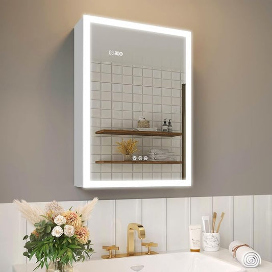 20×28 Inch Bathroom Medicine Cabinet with Lights, LED Medicine Cabinet with Mirror, Lighted Bathroom Mirror Cabinet with Storage, Digital Clock & Temp Display, Surface Mount