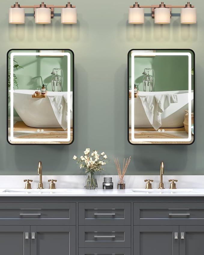 16x24 Inch LED Medicine Cabinet Mirror, Bathroom Mirror with Lights and Storage Wall Mounted & Recessed with Anti-Fog, Dimmable 3 Color Light with Memory, 2 Shelves & 1 Organizer Box, Right Hinge