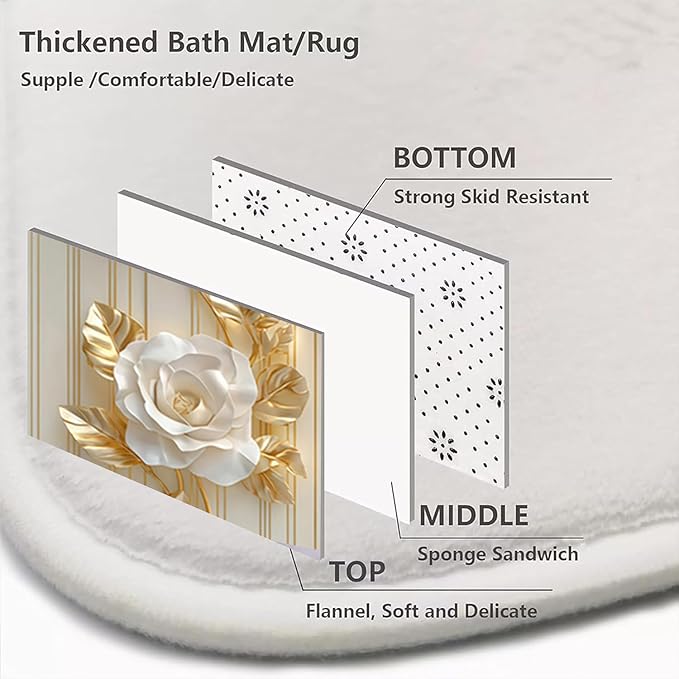 NBVKO 4Pcs Luxury White Rose Shower Curtain Set with 12 Hooks Non-Slip Rugs,Toilet Lid Cover and Bath Mat,Gold Bathroom Decor for Hotel & Home Bathroom