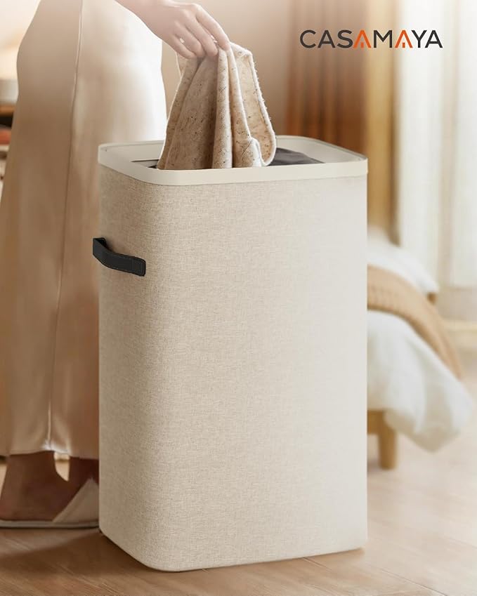 CASAMAYA Laundry Basket with Lid, Laundry Hamper 100L, collapsible Laundry Organizer, Easy Assembly, with Handles and Removable Liners, 16.5 x 12.6 x 29.5 Inches, Beige JSP902M