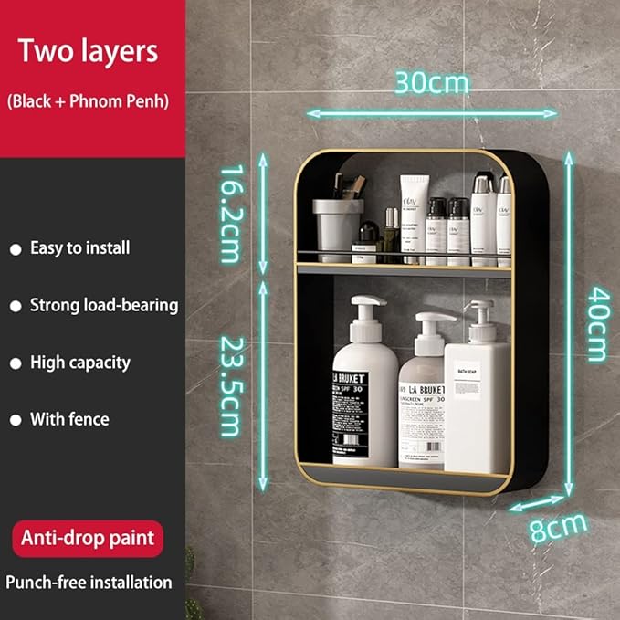 Punch- Bathroom Shelf, Wall-Mounted Makeup Organizer, Cosmetic Storage Rack, Multi-Layer Large Capacity, 10kg Load-Bearing,Black a-30 * 40cm