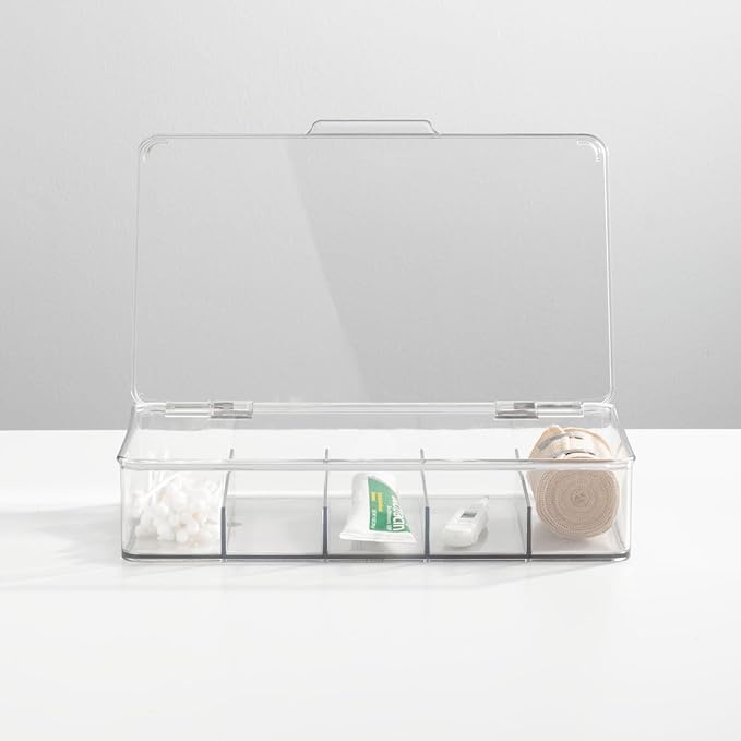 mDesign Plastic Divided Stackable Hair, Makeup & Jewelry Organizer Box with Hinge Lid for Bathroom Vanity Countertop - 5 Sections - Stores Hair Clips, Barrettes - Ligne Collection - 2 Pack - Clear