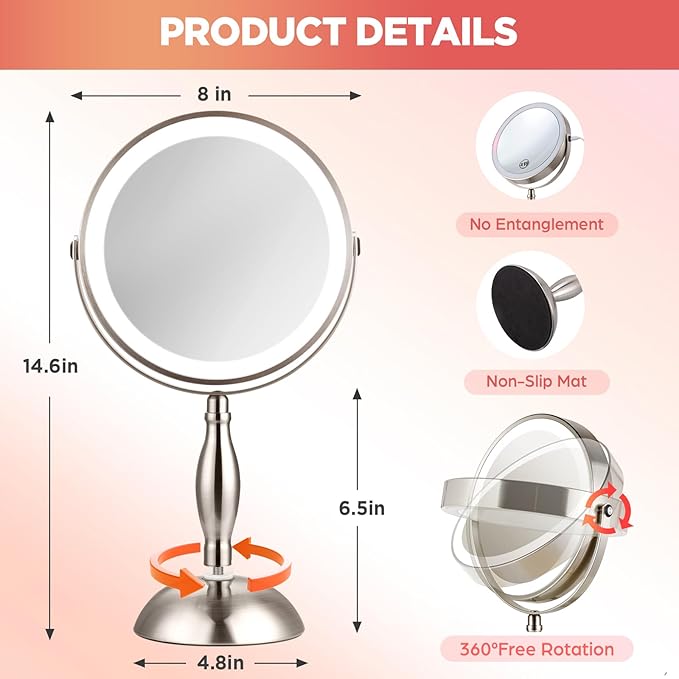 Lighted Makeup Mirror with Magnification, 15x Nickel Lights Makeup Mirror with 3 Colors, 360°Rotation Touch Screen & Rechargeable Double Sided, Brightness Adjustable, Type-C Charging Cable