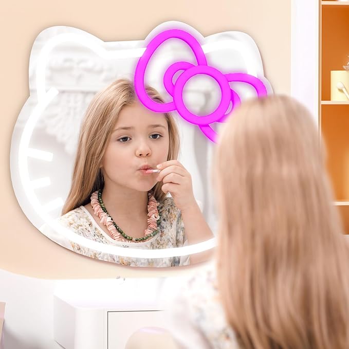 MCJSGSP Anime Hello Kit Cat Neon Sign Mirror L16.1 W14 Vanity Mirror with Lights Bedroom Wall Mirror for Pink Room Decor and a Makeup Mirror with Lights Teen Girl Gifts