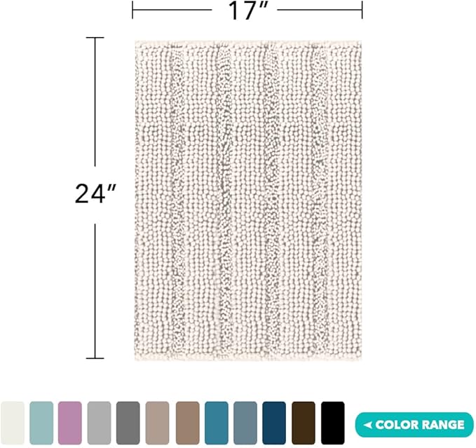 Turquoize Chenille Bath Rugs Shaggy Non Slip Bath Mat 17 x 24 Extra Soft Absorbent Area Rug, 17"x 24", Ivory