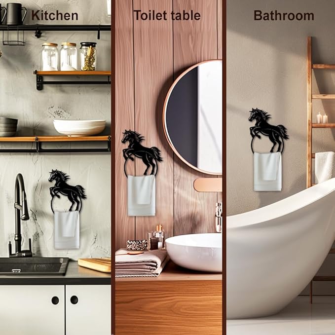 MAYJOYDIY Horse Metal Towel Ring Country Style Horse Towel Holder Horse Animal Towel Ring Black Plant Towel Rack Wall Mounted for Bathroom Kitchen Towel Hanger Home Decors Gift