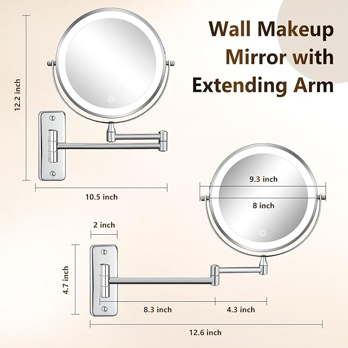 DECLUTTR Wall Mounted Lighted Makeup Mirror, Rechargeable 1X/15X Magnifying Mirror 8 Inch Double Sided, 3 Colors Vanity Mirror with Lights, Touch Dimmable 360° Rotation Foldable