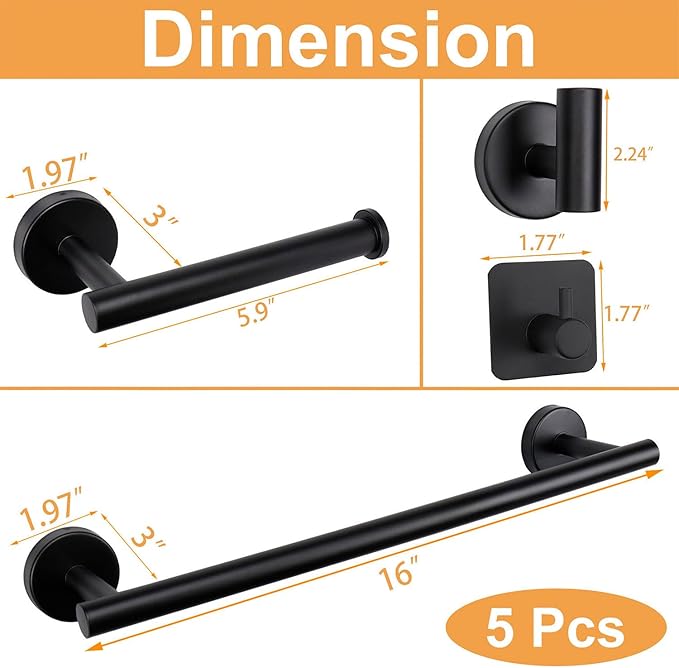 TocTen Bathroom Hardware Set, Thick Stainless Steel Bath Towel Bar Set Including Towel Rack for Bathroom+Toilet Paper Holder+3 Robe Towel Hooks Wall Mount Bathroom Accessory Set(16IN,Matte Black)