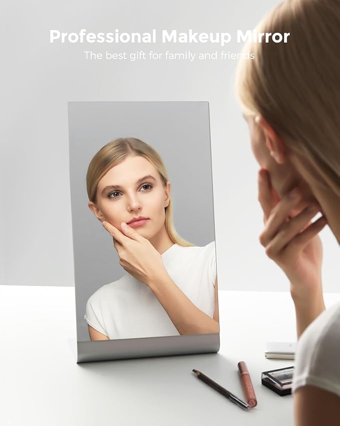 NEZZOE Frameless Makeup Mirror for Desk, 15 x 8.5 Inch Aluminum Standing Table Mirror, Large Counter Top Mirror