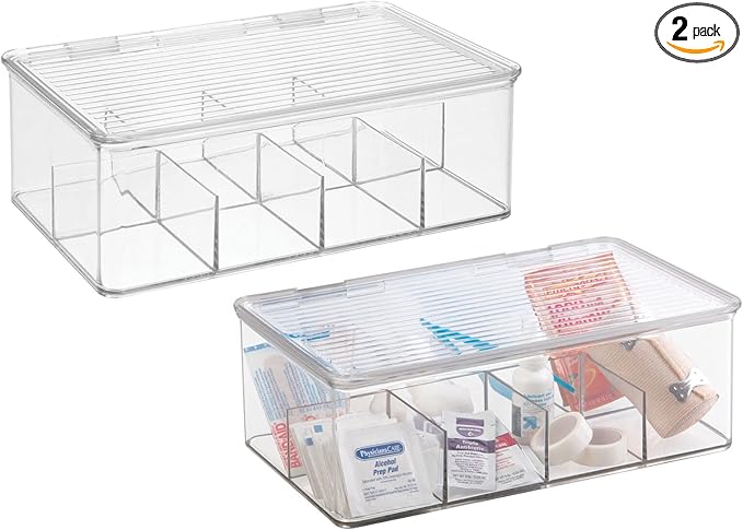 mDesign Plastic Divided First Aid Storage Box Kit with Hinge Lid for Bathroom, Kitchen, Cabinet, Closet - Organize Medicine, Ointments, Adhesive Bandages, Dental - 8 Sections, 2 Pack - Clear