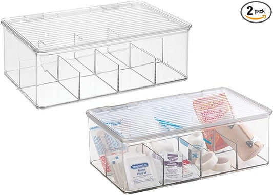 mDesign Plastic Divided First Aid Storage Box Kit with Hinge Lid for Bathroom, Kitchen, Cabinet, Closet - Organize Medicine, Ointments, Adhesive Bandages, Dental - 8 Sections, 2 Pack - Clear