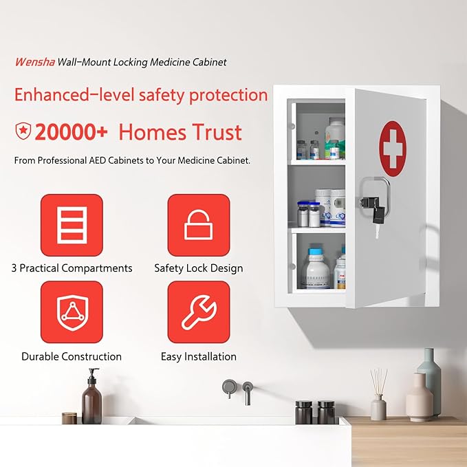 Locking Medicine Cabinet Wall-Mount: Storage Cabinet with Lock & Key - White Metal First Aid Kits for Childproofing and Family Safety
