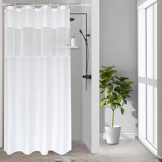 UFRIDAY Small Size 36x72 Inch Shower Curtain with Thin Mesh, Durable Fabric Bathroom Curtain with Hooks, Water Repellent,White