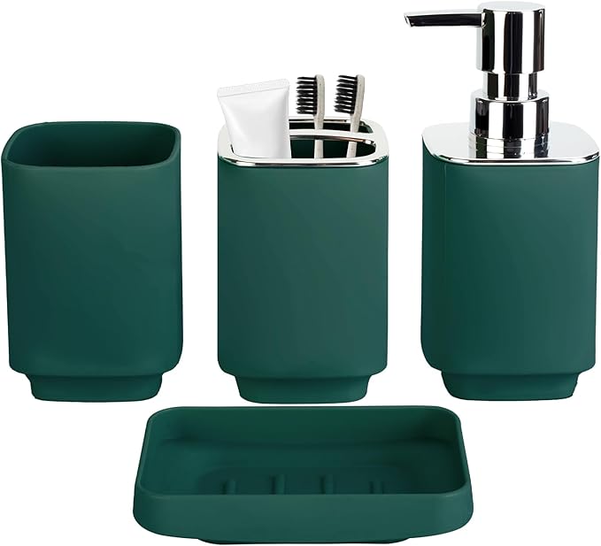 4Pack Bathroom Accessories Set, Bohemian Bathroom Sink Set, Contain Soap Dispenser, Toothbrush Holder, Soap Dish & Mouthwash Cup,Square soap and Toothbrush Holder Set