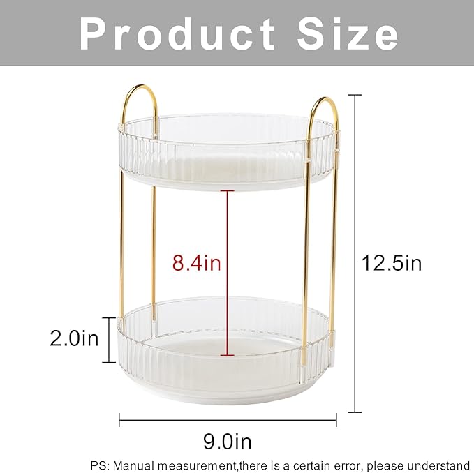 INVSSENE 360° Rotating Makeup Organizer, Bathroom Make Up Spinning Holder Rack, Large Capacity Cosmetics Storage Vanity Shelf Countertop, Fits Cosmetics, Perfume, Skincare(2 Tiers, Clear)