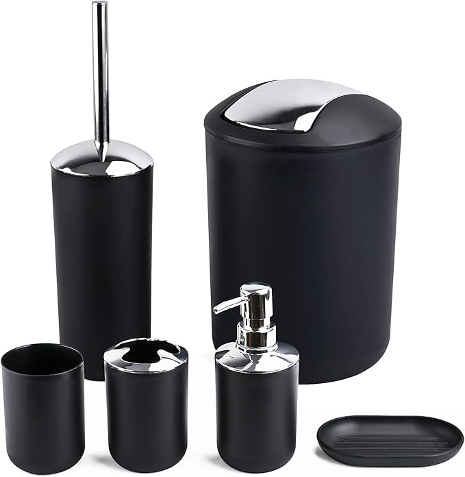 Papillon 6-Piece Bathroom Accessories Set, Toothbrush Holder with Cup, Soap Dispenser & Dish, Toilet Brush, Trash Can, Tumbler Set (Black)
