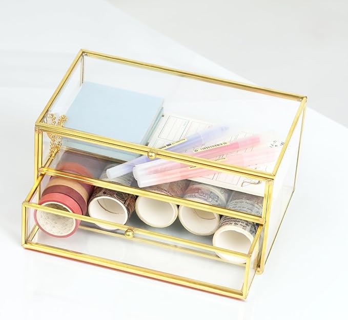 2-Tier Vintage Clear Desk Organizer with Drawer,Gold Decorative Storage Boxes,Jewelry Holder Display Tray Trinket Boxes Glass Memory Keepsake Box Dresser Vanity Wedding Decor Gifts for Her (Gold)