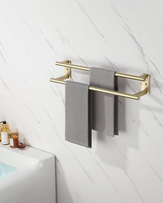 Alise Bathroom Double Towel Bar, 24 Inch Wall Mount Towel Holder, Towel Racks for Bathroom, SUS304 Stainless Steel Towel Hanger, Thickened Pipe with Strong Load-Bearing Capacity, Gold